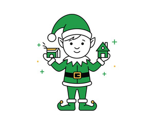 Whimsical christmas elf character holding miniature green houses in both hands with festive sparkles and stars