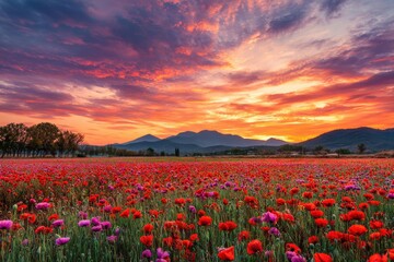 Majestic sunset over vibrant flower field with red and purple blooms, mountains in the backdrop, and gentle trees, radiating tranquility and the beauty of nature