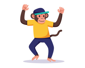 Playful cartoon monkey wearing a yellow t shirt and blue pants dancing energetically with arms raised
