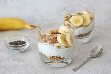 Healthy breakfast with Banana Granola Yogurt Parfaits and Chia Seeds