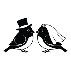 Black and white cartoon illustration of two adorable love birds, a groom bird in a top hat and a bride bird with a veil, facing each other lovingly, symbolizing marriage and romance.