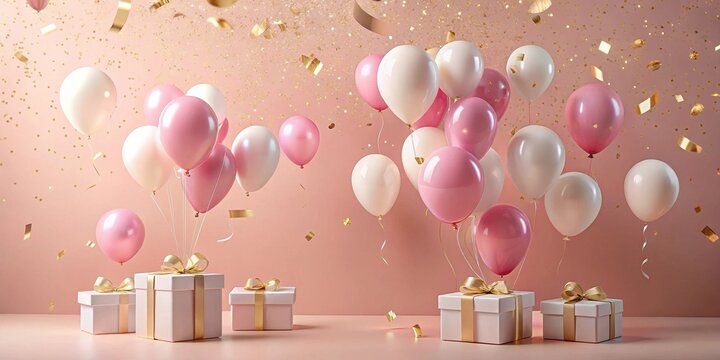 Pink and white balloons float above elegant gifts with gold ribbons, celebrating a joyous occasion amidst a shower of golden confetti on a soft pink background.