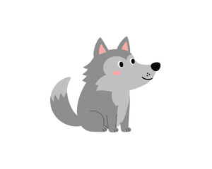 Cute cartoon grey wolf sitting and looking to the side with a happy expression and pink cheeks