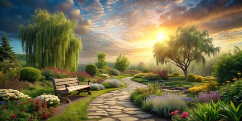 Serene Garden Path at Sunrise A Tranquil Scene of Blossoming Flowers, Lush Greenery, and a Wooden Bench Inviting Rest and Contemplation