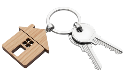 Isolated house keys ,  House keys with house shaped keychain, isolated on white background 