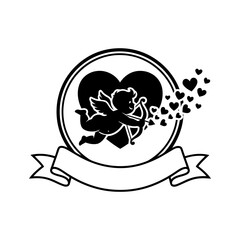 Vector art of cupid with bow and arrow and heart with banner