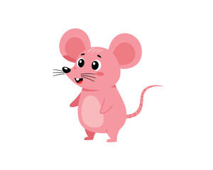 Adorable pink cartoon mouse standing and looking to the side with a friendly expression and big ears
