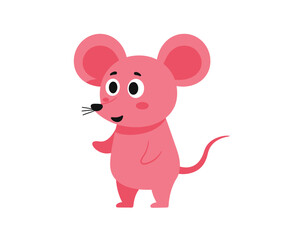 Adorable cartoon pink mouse with big ears and a long tail standing and looking curious on a white background
