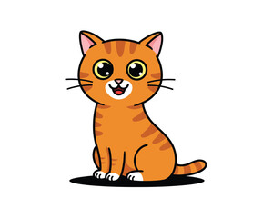 Adorable cartoon orange tabby cat with big eyes and a happy smile sitting and looking forward