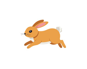 Cute cartoon brown rabbit with long ears and fluffy tail running with speed and joy against a white background