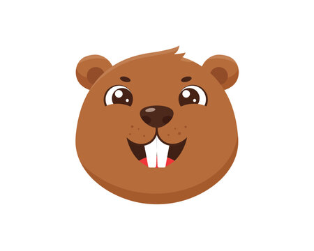 Adorable cartoon beaver face with big buck teeth and happy eyes isolated on a white background for playful designs