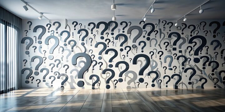 An Interior Room Featuring a Wall Decorated with Numerous Question Marks, Representing Uncertainty and Inquiry