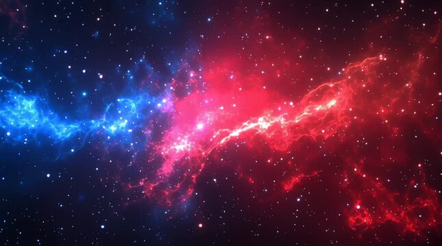 A vivid cosmic scene featuring a blue and red nebula clashing in the depths of space, filled with countless stars and glowing interstellar dust. Perfect for sci-fi, astronomy, or background visuals.