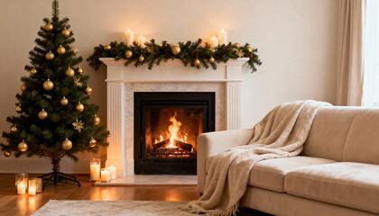 Fototapeta premium Elegant Holiday Home Scene with Golden Ornaments and Burning Fireplace