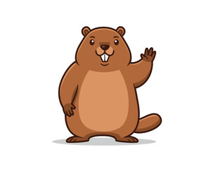 Cute cartoon groundhog waving hello with a friendly smile and prominent front teeth isolated on a white background