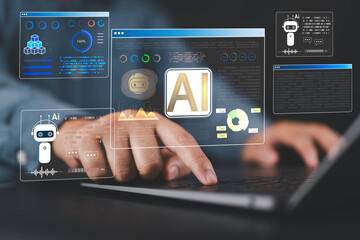 Businessman use artificial intelligence AI technology for enhanced work efficiency data analysis and efficient tools, Unlocking work potential with AI solutions chatbot help solve work problems.