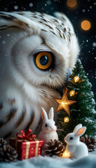An owl looks at hares in a magical snow-covered forest, against the background of a Christmas Tree of gifts and gently falling snowflakes. the concept of winter and Christmas holidays.