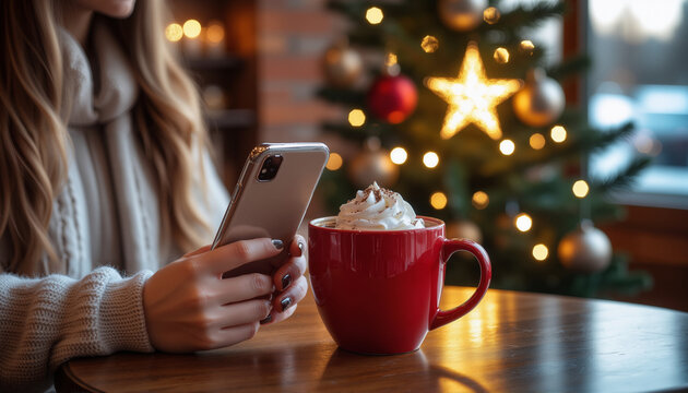 A girl in a coffee shop is holding a smartphone, drinking cocoa with whipped cream.