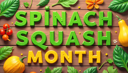 Spinach squash month text with vegetables and leaves on a wooden background table 4k and hd image