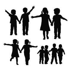 Children silhouettes playing, holding hands, and gesturing in various active poses, symbolizing friendship, diversity, and childhood joy on a clean, isolated background.