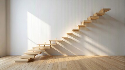 Fototapeta premium Minimalist Wooden Staircase Ascending Against a Sunlit Wall in a Modern Room