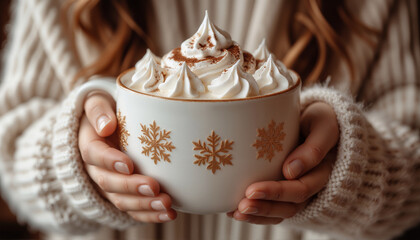 Close-up of a woman's hands holding a white mug with cocoa and whipped cream