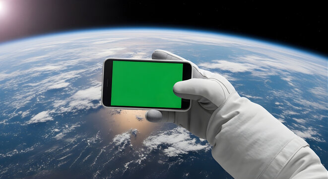 Astronaut in space holding a smartphone with a green screen displaying Earth, concept of technology and exploration in the cosmos