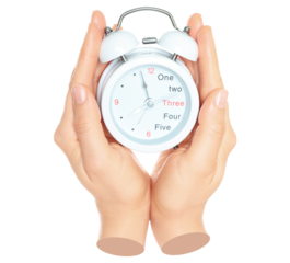 Woman hand holds alarm clock, isolated on transparent background, office and household items concept. Contemporary art