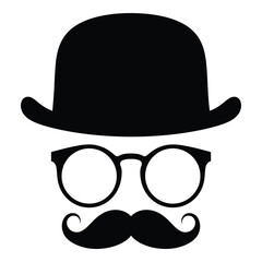 Classic gentleman's silhouette featuring a traditional bowler hat, vintage round spectacles, and an elegant curly mustache, symbolizing timeless retro style, mystery, and sophistication.