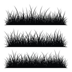 Grass silhouette border vector elements collection with three distinct lush green lawn textures. natural ground cover design illustration. spring and summer plant growth on white.