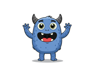 Cute cartoon blue monster with big eyes and horns arms raised in excitement isolated on white background