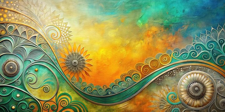 Abstract decorative artwork featuring swirling patterns, metallic accents, and floral motifs in a vibrant color palette of teal, gold, and bronze