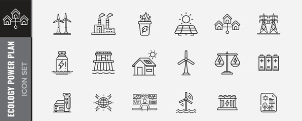 Clean energy solutions icons for sustainable living and environmental protection, featuring wind turbines, solar panels, and hydroelectric power generation
