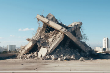 Urban building collapse and demolition with sunlight streaming through concrete ruins