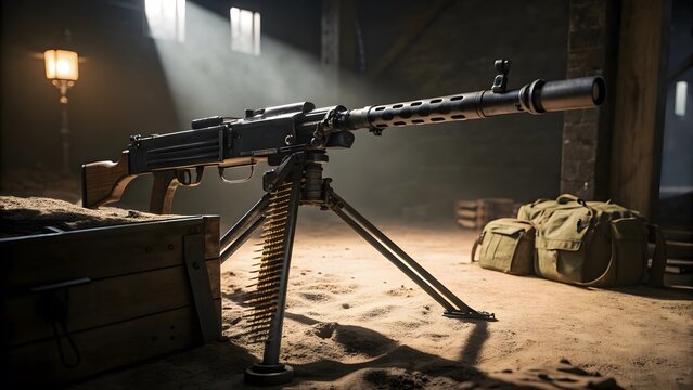 German MG42 Machine Gun Mounted on a Tripod in a Room