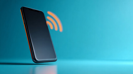 A smartphone is shown with wireless charging symbols in the background on a blue backdrop