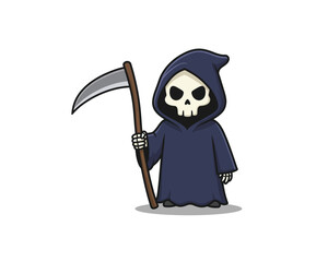 Obraz premium Cute cartoon grim reaper character with a scythe standing against a white background representing death and halloween