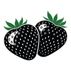 Stylized black and white strawberries with green leaves, a clean graphic vector illustration perfect for contemporary food packaging, healthy eating, gardening, or botanical designs.