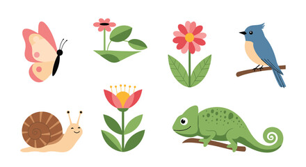 Fototapeta premium Collection of cartoon animals and flowers including a butterfly, snail, chameleon, bird, and various floral designs.