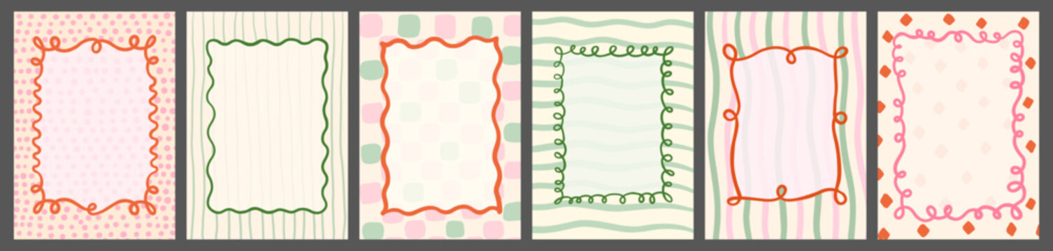 Doodle squiggly vector frames with different patterns in pale green, red and pink colors, Coquette borders for menus, invitations and posters