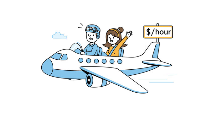 Cartoon pilot and passenger flying on an airplane with a dollar per hour sign.