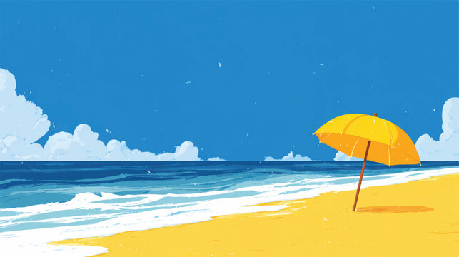 Vibrant Beach Scene with Yellow Umbrella Golden Sand and Blue Sky Cartoon Style Illustration of a Sunny Summer Day at the Ocean Coastline