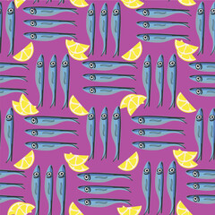 Seamless pattern with fish and lemon slices on pink background &ndash; seafood vector illustration