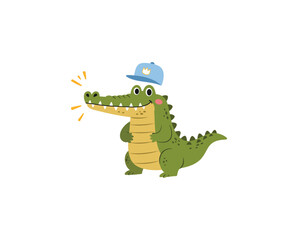 Fototapeta premium Cute cartoon alligator wearing a blue construction hard hat and holding a wrench with a spark of electricity