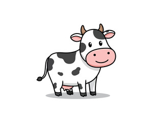 Adorable cartoon cow with black and white spots and a friendly smile standing on a white background perfect for children s illustrations