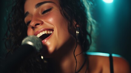 A woman listens intently with headphones while immersed in her music, absorbing the sound around her. The soft lighting creates a serene atmosphere for the woman's musical focus an