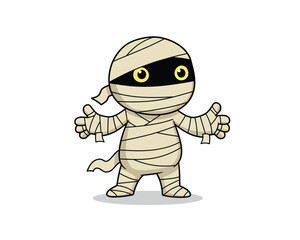 Cute cartoon mummy character with open arms and big yellow eyes ready for a hug or trick or treat on halloween