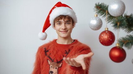 A young guy in a Santa hat, a red sweater on a white background, a festive holiday concept, studio photo.The concept of winter and Christmas holidays.