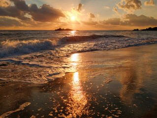 Tranquil golden sunset casting warm reflections on gentle ocean waves softly washing onto sandy shore under a partly cloudy sky with distant rocky islands