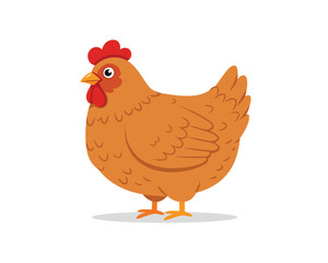 Cute cartoon illustration of a brown hen standing on a white background with a red comb and wattle
